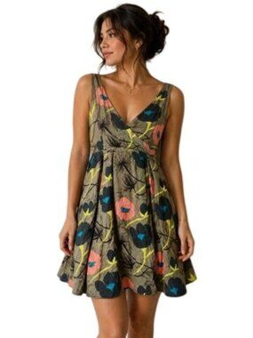 Anthropologie Sariah Floral Sleeveless V-Neck Mini Dress Lace Hem Size 4